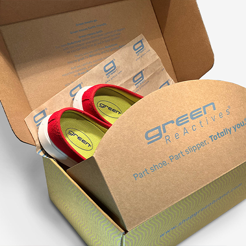Sustainability - image of greenReActives shoes inside shoe box