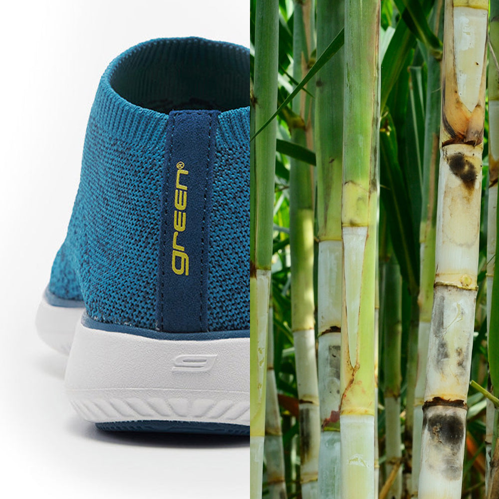 Sustainability - image of greenReActives shoe next to sugar cane