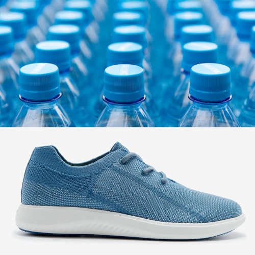 Sustainability - image of greenReActives shoe next to plastic bottles